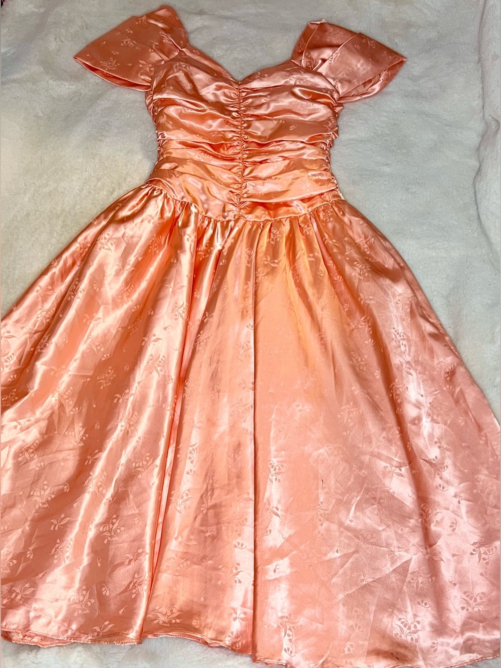 Vintage Handmade 80s Peach Satin Damask Prom Dress Ruched Off Shoulder Gown